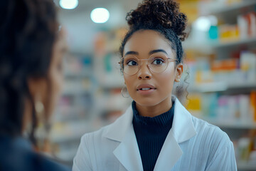 Fototapeta premium Female customer inside of a pharmacist looking in the camera and smiling