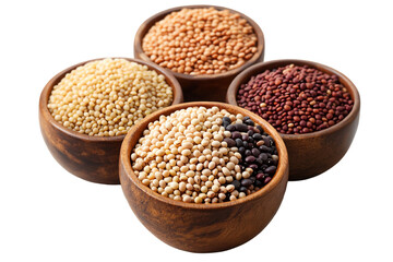 Four bowls of assorted seeds showcasing a variety of textures and colors on a white background.