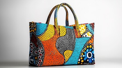 A vibrant, patterned tote bag showcasing bold colors and unique designs, perfect for casual outings and adding style to any outfit.