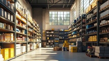 Obraz premium Factory warehouse interior with tall shelves stocked with industrial supplies and packaging materials