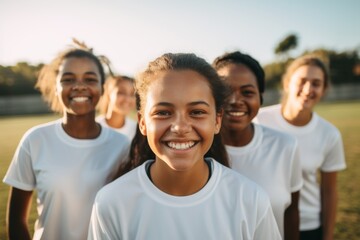 Smiling portrait of a diverse group of female teenage soccer players