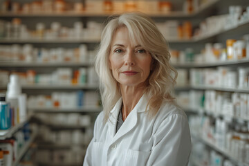 Female pharmacist wearing a white coat and working inside of the pharmacy store