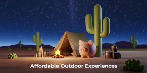 A captivating 3D render of a desert campsite featuring a piggy bank, symbolizing affordable outdoor experiences amidst a serene natural setting.