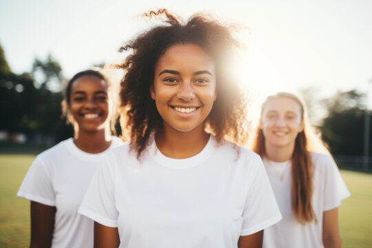 Smiling portrait of a diverse group of female teenage soccer players