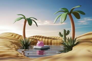 Obraz premium Explore a vibrant 3D oasis scene featuring palm trees and a pink pig relaxing on a raft in tranquil waters, set against a stunning desert landscape.