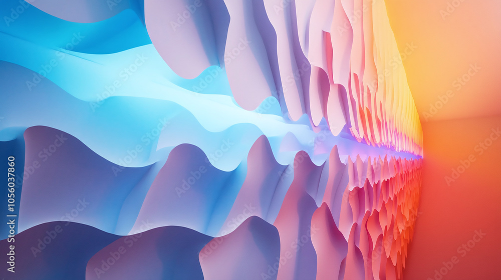 Poster colorful undulating waves create a mesmerizing abstract pattern in a softly lit corridor