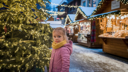 Confident portrait of adorable little kid girl smiling dreamily looking away, standing outdoor against lightened street and Christmas tree at funfair. People, holidays and festive life events concept