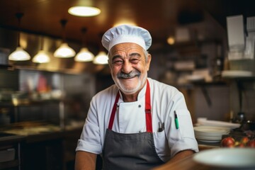 Smiling portrait of a senior chef working in kitchen