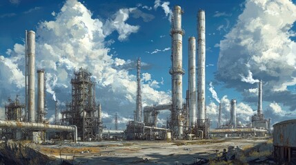 Fototapeta premium Industrial landscape of an oil refinery with columns and pipelines under a cloudy sky, emphasizing energy production and technology