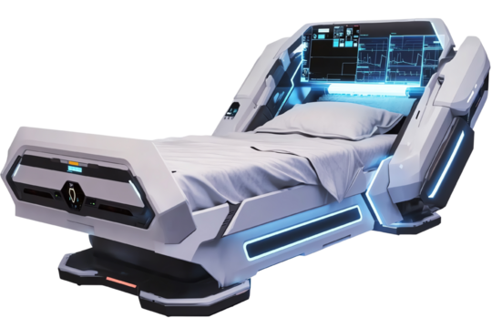 Futuristic medical bed with advanced technology and glowing accents against a white isolate background.