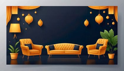 Stylish interior design featuring a comfortable armchair, vibrant plants, and modern geometric shapes, creating a relaxing and inviting atmosphere. Template for a sale to a furniture store.