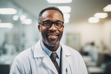 Obraz premium Smiling portrait of a middle aged male doctor in hospital