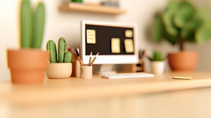 Minimalist workspace with a computer, potted plants, and a wooden desk.