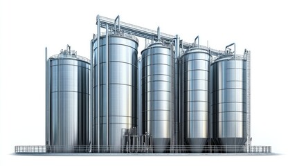 Large, stainless steel tanks and silos in a factory, showing facilities for processing liquids or chemicals