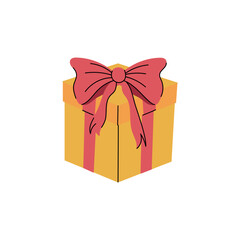 Wrapped yellow gift box with red ribbon and bow isolated on blue background. Hand drawn vector flat colored illustration. Merry Christmas, Happy birthday, happy new year greeting