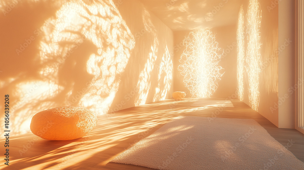Poster warm sunlight filters through a tranquil room creating ornate patterns on calming surfaces