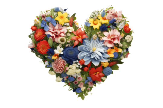 Heart-shaped arrangement of colorful flowers, vibrant and lively, on a white isolated background.