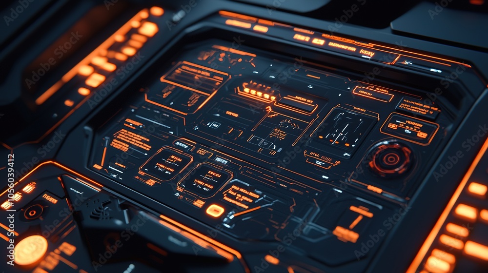 Poster a futuristic control panel illuminated with glowing orange elements, featuring intricate circuits an