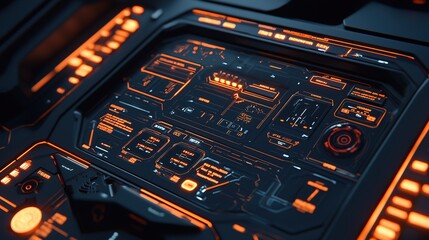 A futuristic control panel illuminated with glowing orange elements, featuring intricate circuits and interfaces.