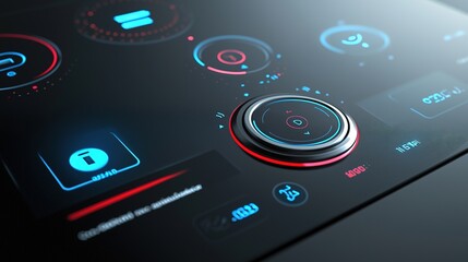 A sleek, futuristic interface featuring circular controls and illuminated icons, likely for a high-tech device or vehicle.