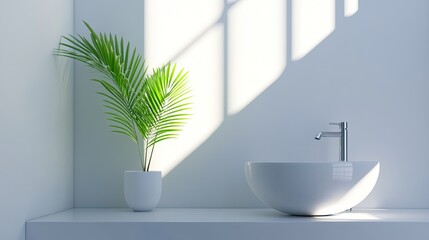 Fototapeta premium Minimalist Scandinavian bathroom with white walls, clean lines, and a touch of green from a small plant on the sink