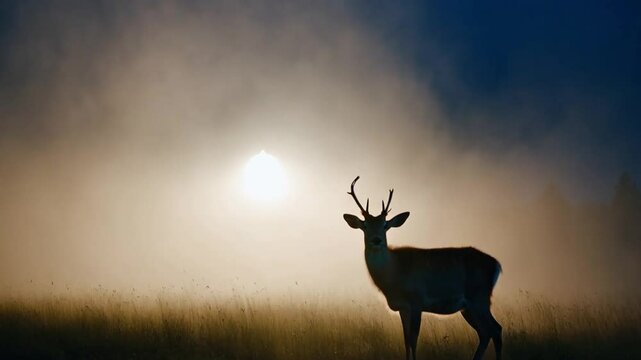 Deer glowing softly under a crescent moon, standing in a field of shimmering mist.