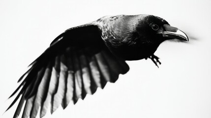 Fototapeta premium a close up shot of a crow flying, white background,