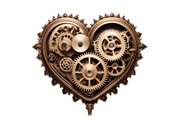 Intricate heart-shaped gears representing love and technology, isolated on a white background.