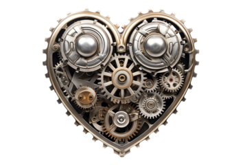 Intricate heart-shaped mechanical gears symbolizing love and passion, set against a white background.