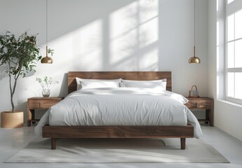 Modern Bedroom With White Bedding, Wooden Bed Frame, and Gold Pendant Lights