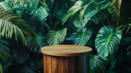 Obraz premium empty wooden podium with plants. stage into forest