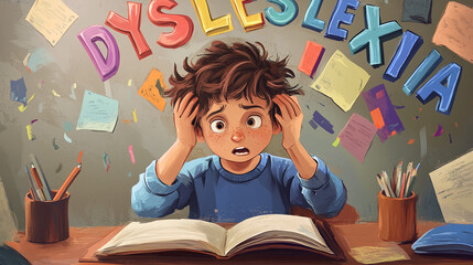 Young Boy Struggling with Dyslexia  Learning Difficulties  Education Concept