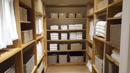 Obraz premium Organized Scandinavian closet with open shelving, baskets, and light wood tones, showcasing simplicity and function