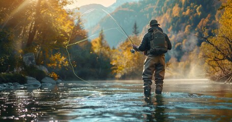 A Fisherman Casts His Line in a Mountain River at Sunrise