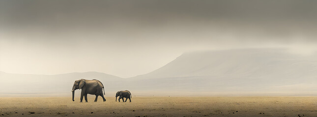 Two elephants walk across a hazy savanna landscape with a mountain in the distance.