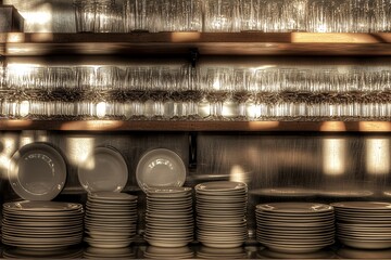 Neatly arranged white plates and glassware lit by soft sunlight in a well-organized kitchen cabinet during the afternoon
