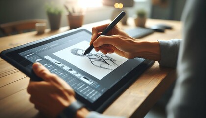 Artist using digital tablet to sketch portrait illustration with stylus in creative workspace, sunlight in background
