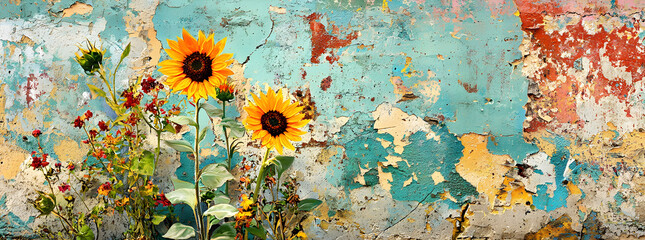 Two sunflowers bloom against a weathered, colorful wall.