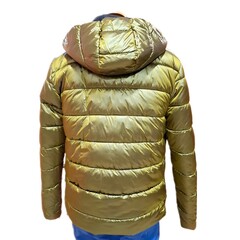 mannequin with gold double-face men's rain jacket with hood, isolated on white background