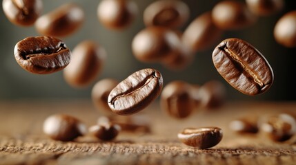 Fototapeta premium A close-up shot of numerous coffee beans falling onto a wooden surface, 