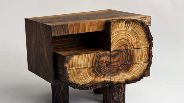 A unique wooden nightstand with a natural log design and storage drawers.