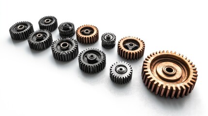 Set of metal gears arranged in sequence, emphasizing precision engineering on a white background