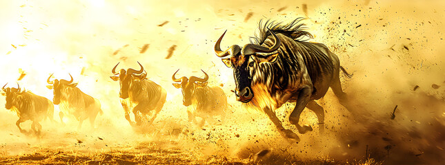 Wildebeest herd running through the dusty savanna.