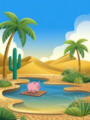 Obraz premium A cheerful illustration of a serene desert oasis featuring palm trees and a playful pig on a raft. The bright colors convey tranquility and natural beauty.