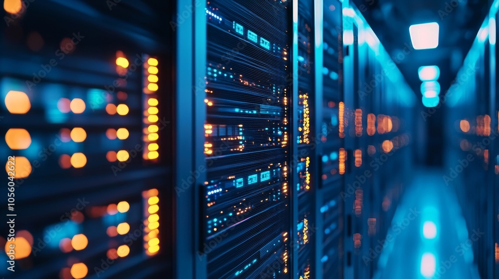 Poster modern server racks with glowing lights in a data center