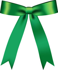 Green ribbon bow decorative element. Isolated shiny green coquette ribbon mockup for Christmas, New year, Birthday, Saint Patrick's Day, Wedding, Holiday or Event decoration. Realistic illustration.