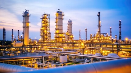 Obraz premium Twilight scene of an oil refinery with lights illuminating rows of towers, pipes, and storage tanks, creating a dramatic industrial atmosphere