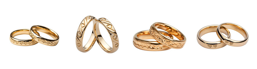 Collection of elegant gold wedding rings with heart patterns, symbolizing love and commitment, isolated on a transparent background