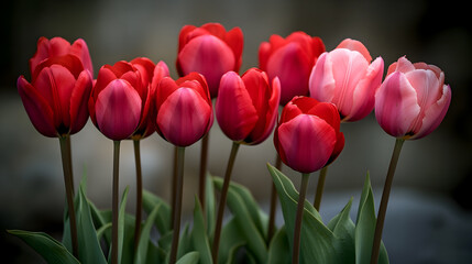 Fototapeta premium A bouquet of red and pink tulips with green stems and leaves.
