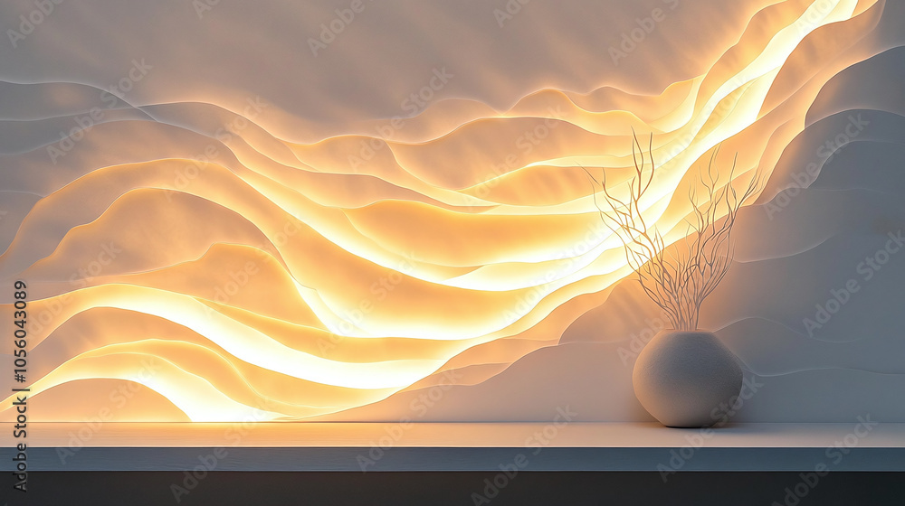Poster elegant wall art featuring flowing light patterns and a stylish vase with delicate branches